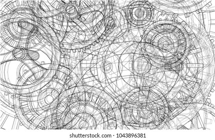 Gearbox sketch. Vector rendering of 3d. Wire-frame style
