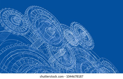 Gearbox sketch. Vector rendering of 3d. Wire-frame style