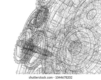 Gearbox sketch. Vector rendering of 3d. Wire-frame style