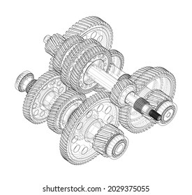 Gearbox sketch. Vector rendering of 3d. Wire-frame style. The layers of visible and invisible lines are separated. Orthography. Gears, shafts and bearings