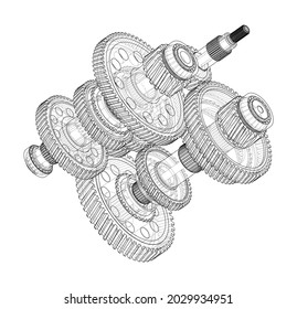 Gearbox sketch. Vector rendering of 3d. Wire-frame style. The layers of visible and invisible lines are separated. Orthography. Gears, shafts and bearings