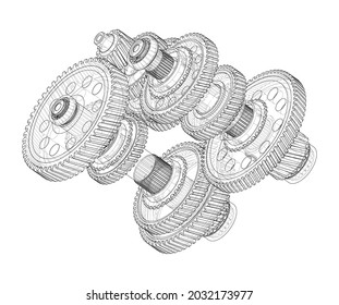 Gearbox sketch. Vector rendering of 3d. Wire-frame style. The layers of visible and invisible lines are separated. Orthography. Gears, shafts and bearings