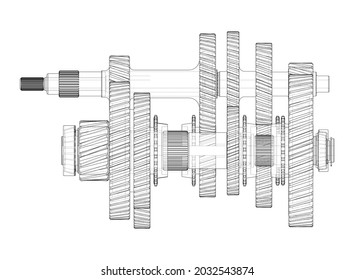 Gearbox sketch. Vector rendering of 3d. Wire-frame style. The layers of visible and invisible lines are separated. Orthography. Gears, shafts and bearings