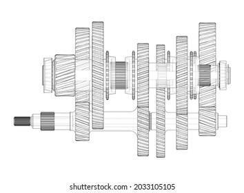 Gearbox sketch. Vector rendering of 3d. Wire-frame style. The layers of visible and invisible lines are separated. Orthography. Gears, shafts and bearings