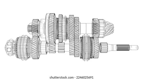 Gearbox sketch. Vector rendering of 3d. Wire-frame style. The layers of visible and invisible lines are separated. Gears, shafts and bearings