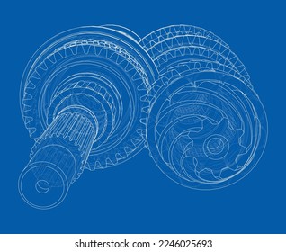 Gearbox sketch. Vector rendering of 3d. Wire-frame style. The layers of visible and invisible lines are separated. Gears, shafts and bearings