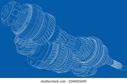 Gearbox sketch. Vector rendering of 3d. Wire-frame style. The layers of visible and invisible lines are separated. Gears, shafts and bearings