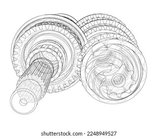 Gearbox sketch. Vector rendering of 3d. Wire-frame style. The layers of visible and invisible lines are separated. Gears, shafts and bearings