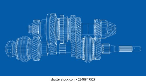 Gearbox sketch. Vector rendering of 3d. Wire-frame style. The layers of visible and invisible lines are separated. Gears, shafts and bearings