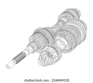 Gearbox sketch. Vector rendering of 3d. Wire-frame style. The layers of visible and invisible lines are separated. Gears, shafts and bearings