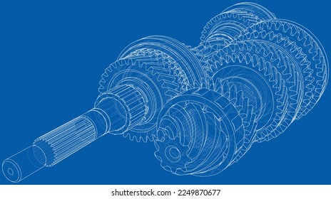 Gearbox sketch. Vector rendering of 3d. Wire-frame style. The layers of visible and invisible lines are separated. Gears, shafts and bearings