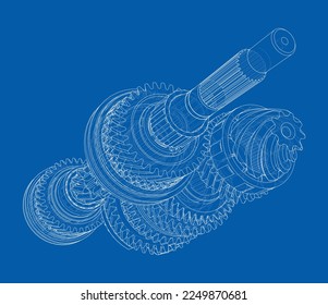 Gearbox sketch. Vector rendering of 3d. Wire-frame style. The layers of visible and invisible lines are separated. Gears, shafts and bearings