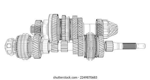 Gearbox sketch. Vector rendering of 3d. Wire-frame style. The layers of visible and invisible lines are separated. Gears, shafts and bearings