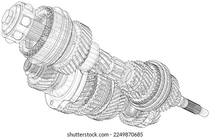 Gearbox sketch. Vector rendering of 3d. Wire-frame style. The layers of visible and invisible lines are separated. Gears, shafts and bearings