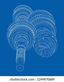 Gearbox sketch. Vector rendering of 3d. Wire-frame style. The layers of visible and invisible lines are separated. Gears, shafts and bearings