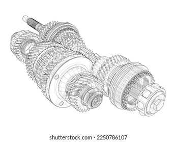 Gearbox sketch. Vector rendering of 3d. Wire-frame style. The layers of visible and invisible lines are separated. Gears, shafts and bearings