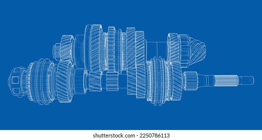 Gearbox sketch. Vector rendering of 3d. Wire-frame style. The layers of visible and invisible lines are separated. Gears, shafts and bearings