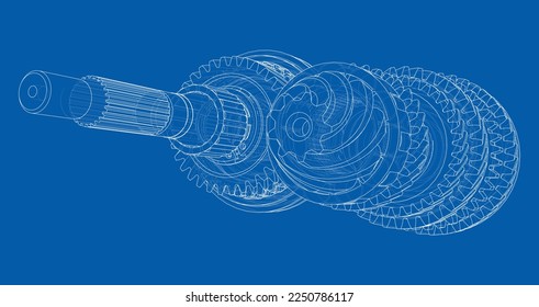 Gearbox sketch. Vector rendering of 3d. Wire-frame style. The layers of visible and invisible lines are separated. Gears, shafts and bearings