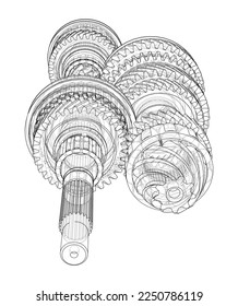 Gearbox sketch. Vector rendering of 3d. Wire-frame style. The layers of visible and invisible lines are separated. Gears, shafts and bearings