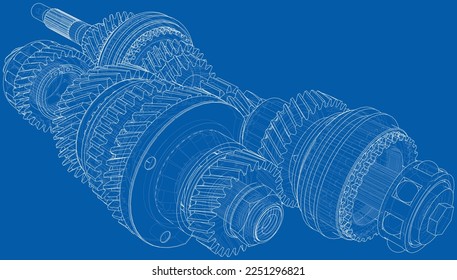 Gearbox sketch. Vector rendering of 3d. Wire-frame style. The layers of visible and invisible lines are separated. Gears, shafts and bearings