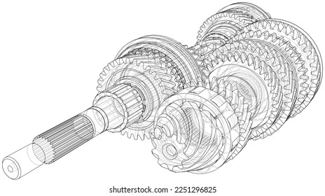 Gearbox sketch. Vector rendering of 3d. Wire-frame style. The layers of visible and invisible lines are separated. Gears, shafts and bearings