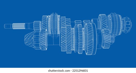 Gearbox sketch. Vector rendering of 3d. Wire-frame style. The layers of visible and invisible lines are separated. Gears, shafts and bearings