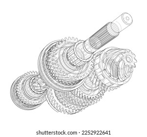 Gearbox sketch. Vector rendering of 3d. Wire-frame style. The layers of visible and invisible lines are separated. Gears, shafts and bearings