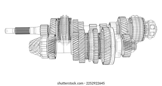 Gearbox sketch. Vector rendering of 3d. Wire-frame style. The layers of visible and invisible lines are separated. Gears, shafts and bearings