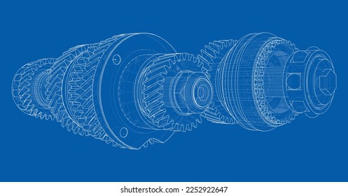 Gearbox sketch. Vector rendering of 3d. Wire-frame style. The layers of visible and invisible lines are separated. Gears, shafts and bearings