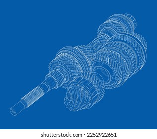 Gearbox sketch. Vector rendering of 3d. Wire-frame style. The layers of visible and invisible lines are separated. Gears, shafts and bearings