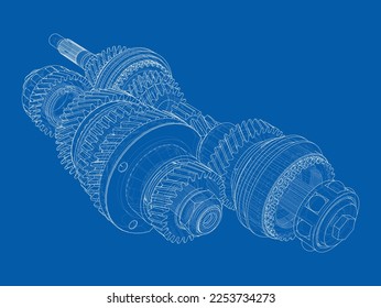 Gearbox sketch. Vector rendering of 3d. Wire-frame style. The layers of visible and invisible lines are separated. Gears, shafts and bearings