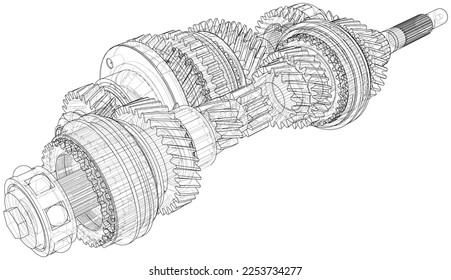 Gearbox sketch. Vector rendering of 3d. Wire-frame style. The layers of visible and invisible lines are separated. Gears, shafts and bearings