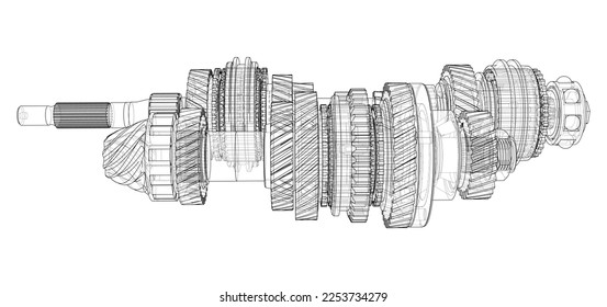 Gearbox sketch. Vector rendering of 3d. Wire-frame style. The layers of visible and invisible lines are separated. Gears, shafts and bearings