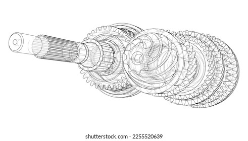 Gearbox sketch. Vector rendering of 3d. Wire-frame style. The layers of visible and invisible lines are separated. Gears, shafts and bearings