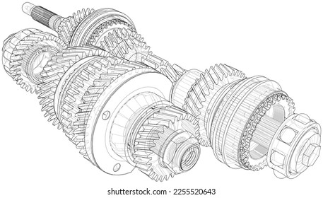 Gearbox sketch. Vector rendering of 3d. Wire-frame style. The layers of visible and invisible lines are separated. Gears, shafts and bearings