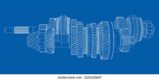 Gearbox sketch. Vector rendering of 3d. Wire-frame style. The layers of visible and invisible lines are separated. Gears, shafts and bearings