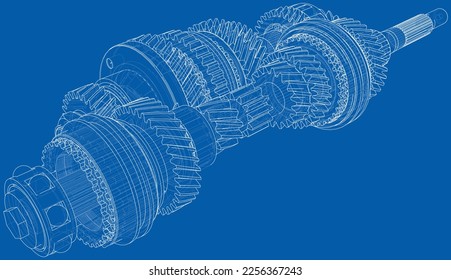 Gearbox sketch. Vector rendering of 3d. Wire-frame style. The layers of visible and invisible lines are separated. Gears, shafts and bearings