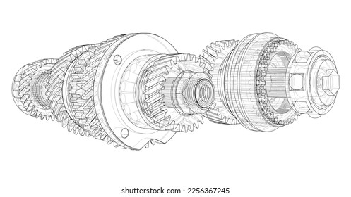 Gearbox sketch. Vector rendering of 3d. Wire-frame style. The layers of visible and invisible lines are separated. Gears, shafts and bearings