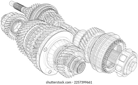 Gearbox sketch. Vector rendering of 3d. Wire-frame style. The layers of visible and invisible lines are separated. Gears, shafts and bearings