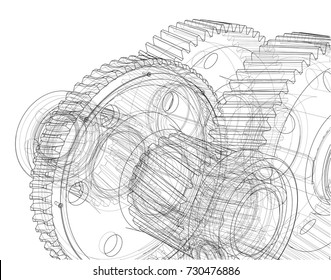 Gearbox sketch. Vector rendering of 3d. Wire-frame style