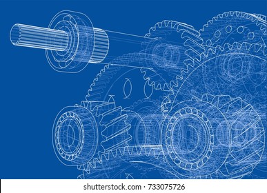 Gearbox sketch. Vector rendering of 3d. Wire-frame style