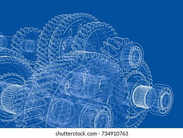 Gearbox sketch. Vector rendering of 3d. Wire-frame style