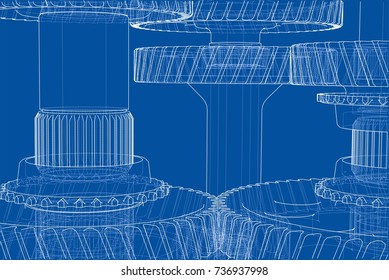 Gearbox sketch. Vector rendering of 3d. Wire-frame style