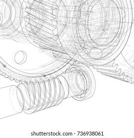 Gearbox sketch. Vector rendering of 3d. Wire-frame style