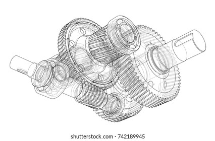Gearbox sketch. Vector rendering of 3d. Wire-frame style