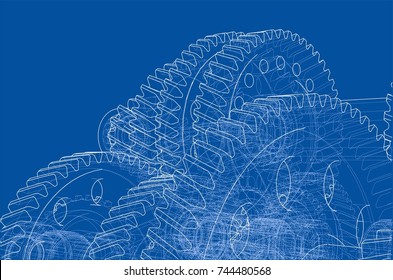 Gearbox sketch. Vector rendering of 3d. Wire-frame style