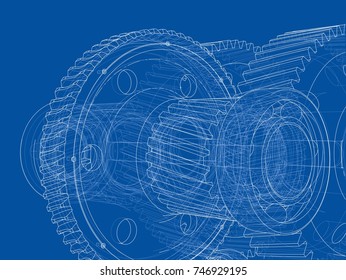 Gearbox sketch. Vector rendering of 3d. Wire-frame style