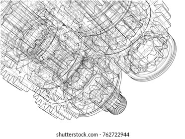 Gearbox sketch. Vector rendering of 3d. Wire-frame style