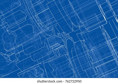 Gearbox sketch. Vector rendering of 3d. Wire-frame style