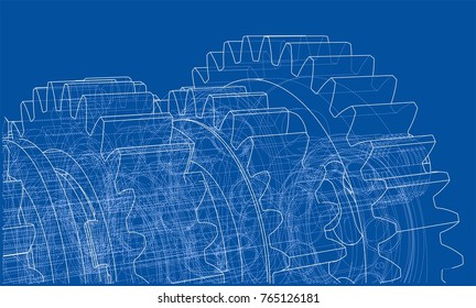 Gearbox sketch. Vector rendering of 3d. Wire-frame style